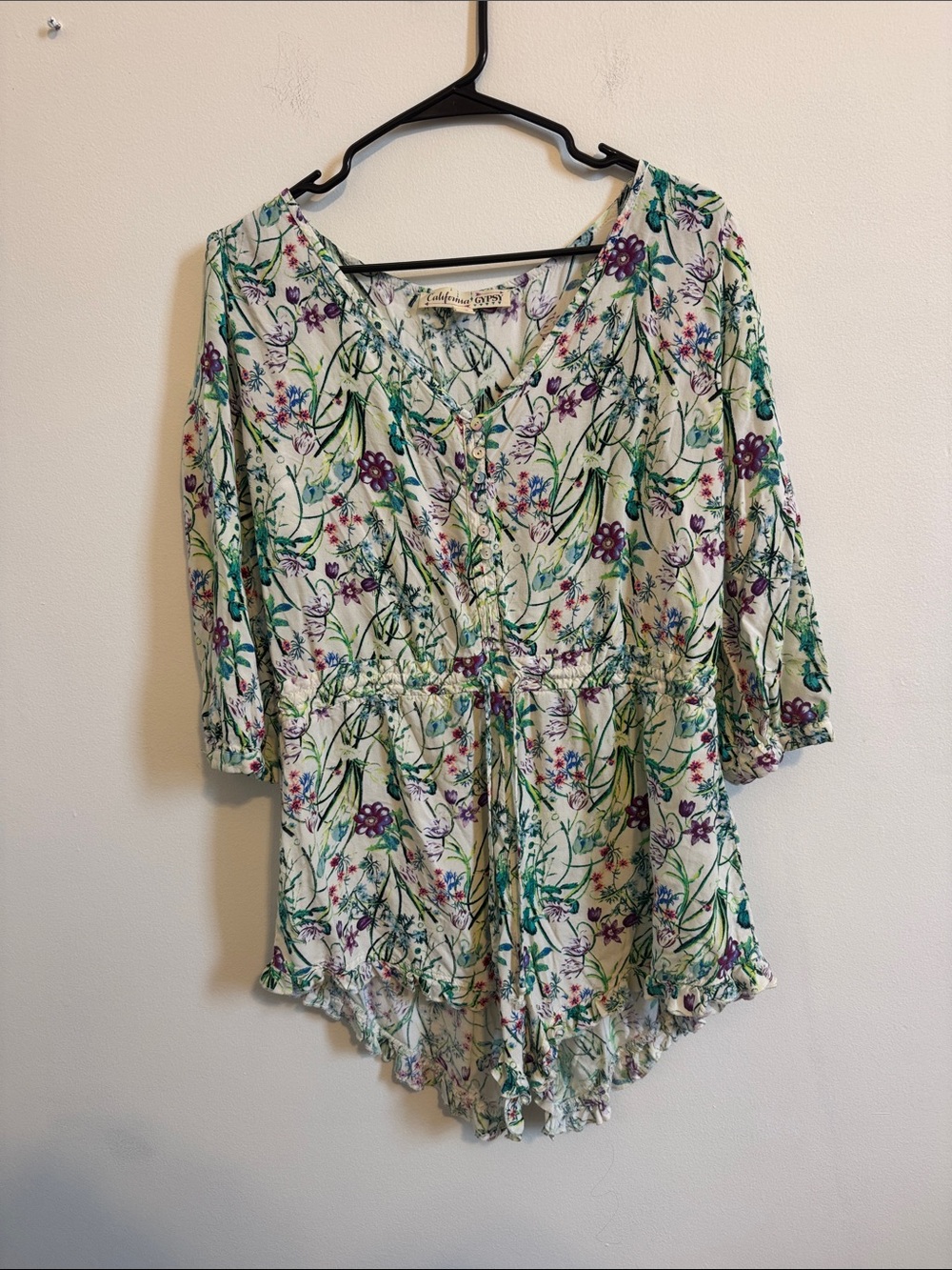 California Gypsy Cream Floral Drawstring Romper with Green & Purple Accents
